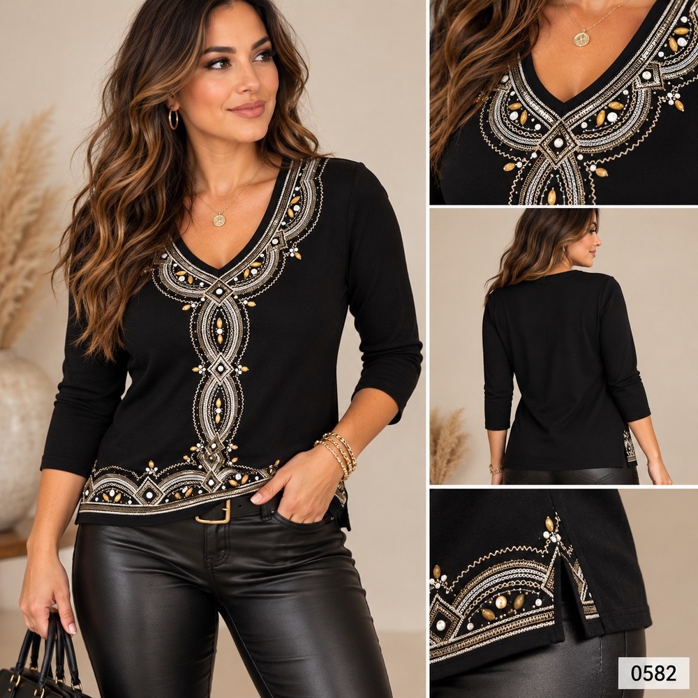 Alfred Dunner Petite Black Embroidered Embellished V-Neck 3/4 Sleeve Top PM 0582